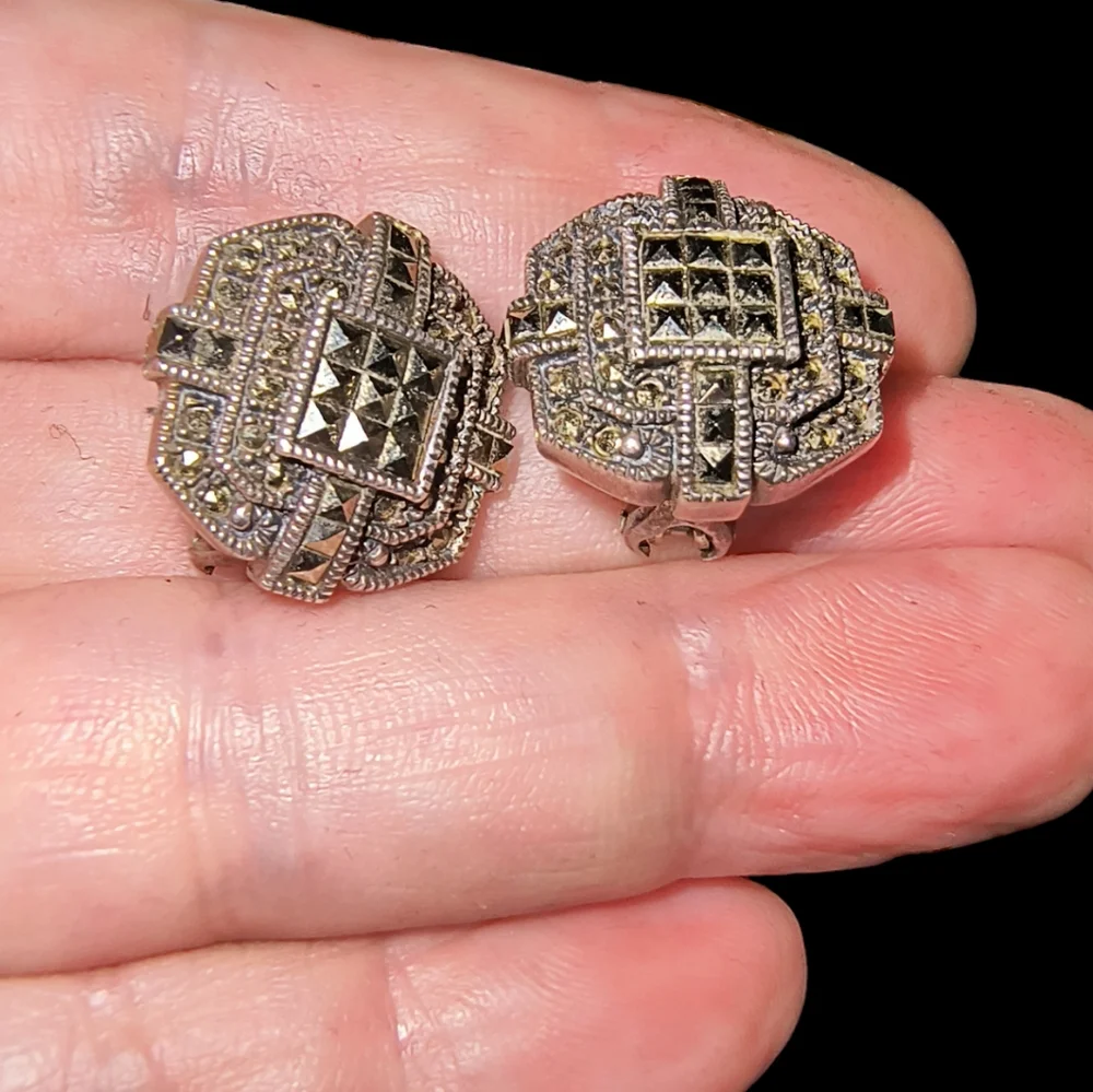 Judith Jack Signed Vintage Art Deco Marcasite & Sterling Silver Earrings